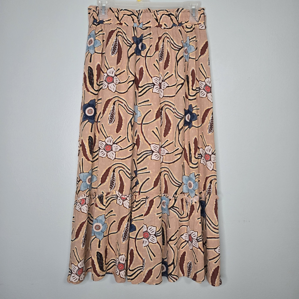 Christian Siriano Tan Floral Patterned Tiered Midi Skirt M - Picture 2 of 5